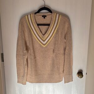 Talbots V-Neck Sweater in Beige with Yellow and White Stripes